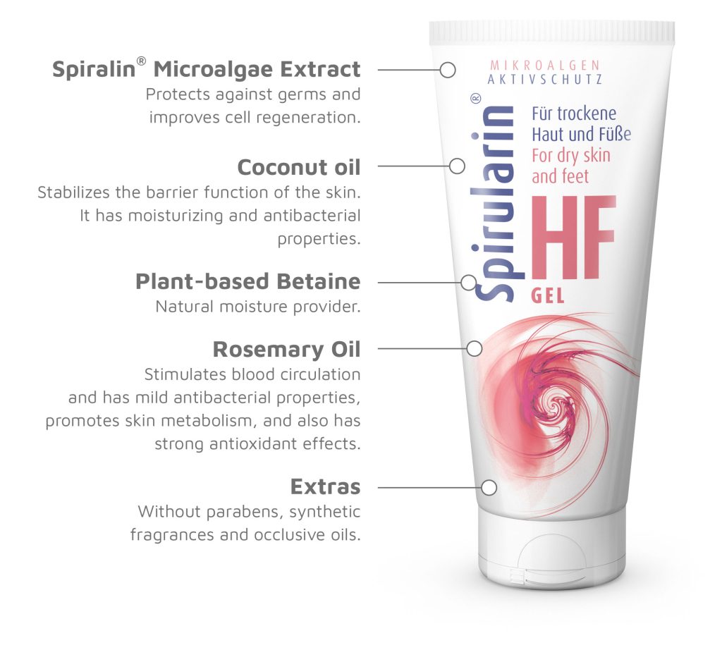 Spirularin® HF Gel mit Spiralin® Mikroalgenextrakt, Kokosöl, pflanzlichem Betain und Rosmarinöl